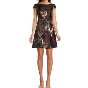 Cap Sleeve Boat Neck V-Back A-line Foil Detailed Dress